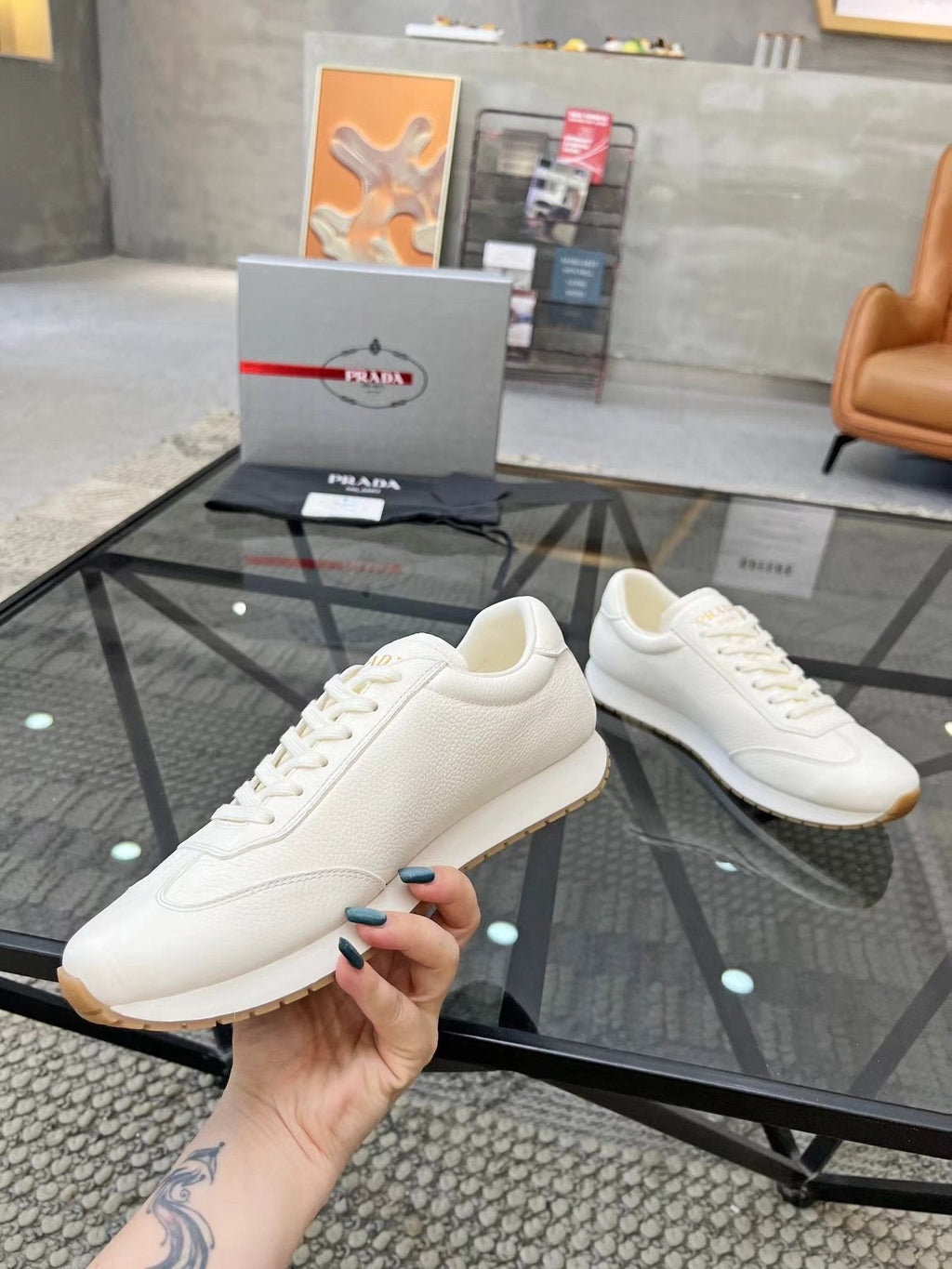 Prada White Beige Low-Top Sneakers