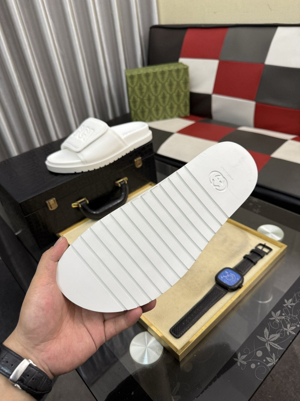 Gucci White Embossed Slide Sandals