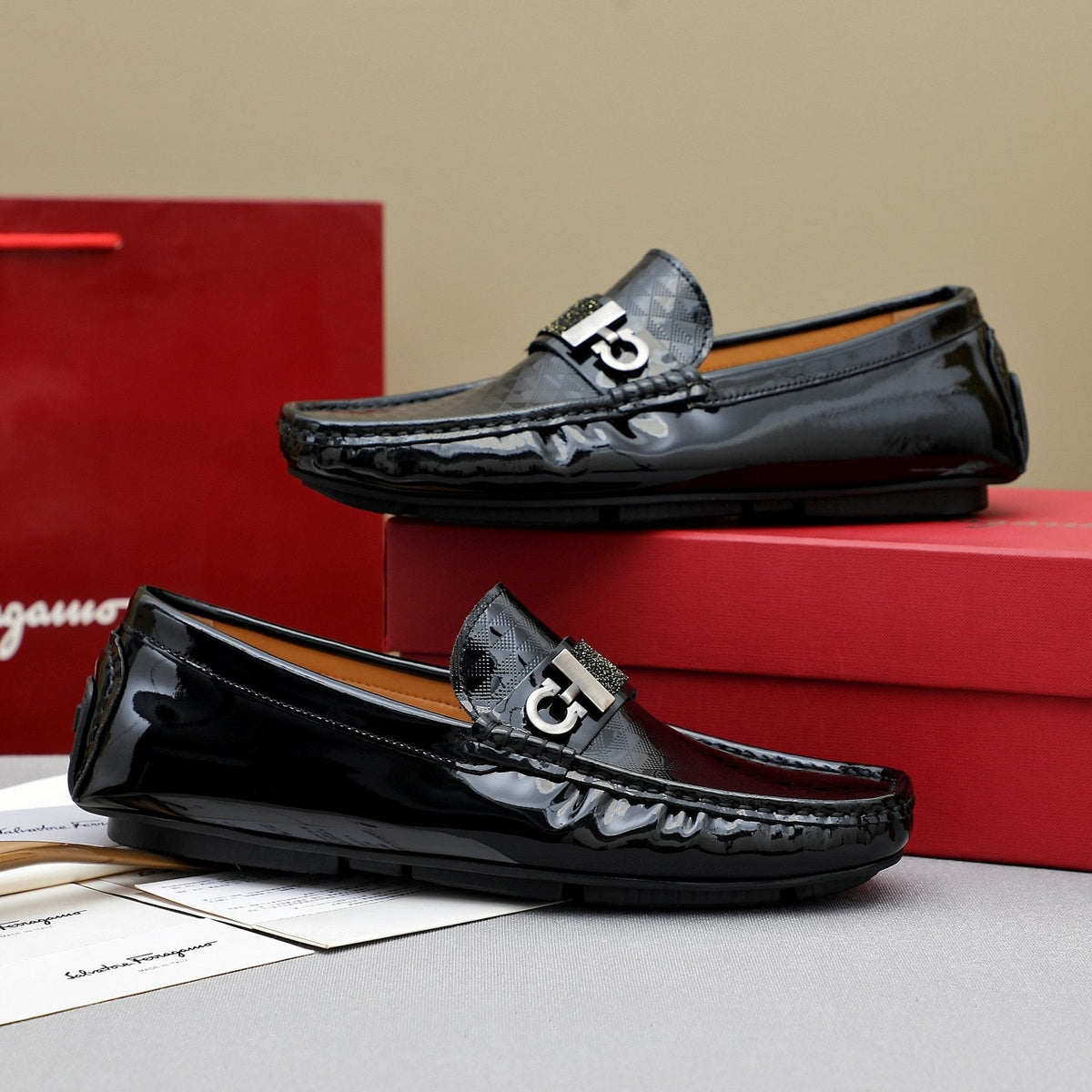 Ferragamo Men's Black Embossed Slip-On Loafers