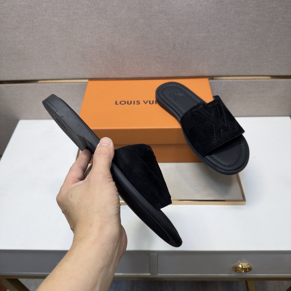 Louis Vuitton Men's Black Logo Slide Sandals - Contoured Footbed