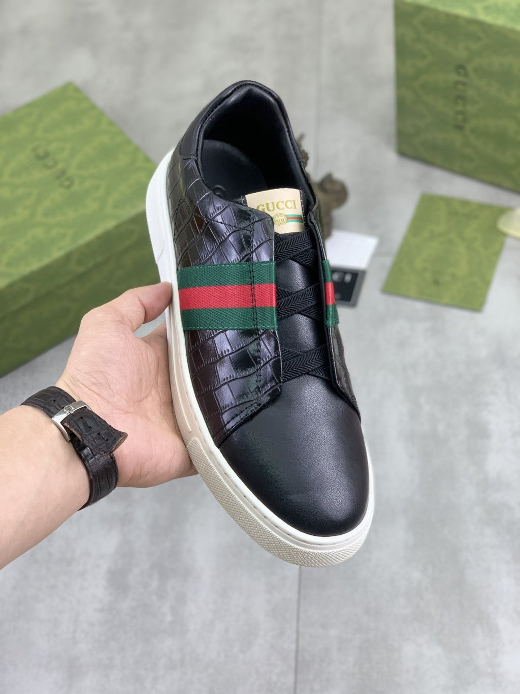 Gucci Green-Red Stripe Slip-On Sneakers
